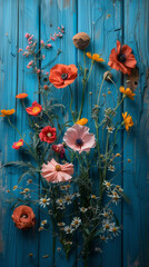 A blue wooden background with a variety of colorful flowers, including red, yellow, and pink. The flowers are arranged in a way that creates a sense of harmony and balance