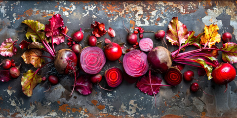 Richly colored beetroots with vibrant leaves against a dark, textured slate, evoking a sense of organic freshness and culinary appeal