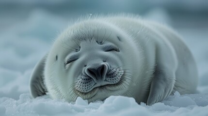 Fototapeta premium A close-up of a seal resting on a pile of snow with its eyes closed