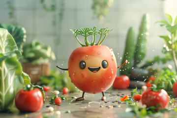A cartoon tomato is standing in front of a bunch of other vegetables. The tomato is smiling and he is happy