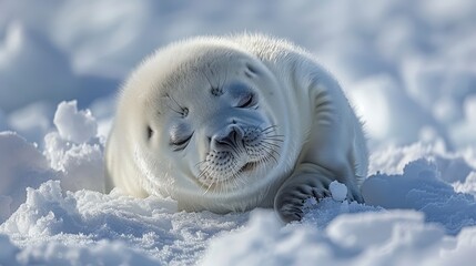 Fototapeta premium A baby seal rests in the snow, atop a mound of white, foamy snow, with closed eyes
