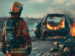 A firefighter stands in front of a car that is on fire. The scene is intense and dramatic, with the firefighter's red jacket and helmet contrasting against the flames. The car is partially destroyed - Powered by Adobe