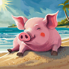 Pink pig laying on the beach sunbathing, illustration. - 784016096