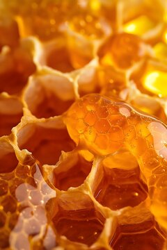 Nahaufnahme Honigwarben, goldener Honig flie&szlig;t &uuml;ber Honigwarben, Nektar aus Bl&uuml;tenstaub