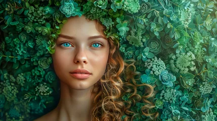 Deurstickers A young beautiful woman with long hair in eco-art style. © Olga Gubskaya