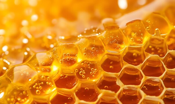 Nahaufnahme Honigwarben, goldener Honig flie&szlig;t &uuml;ber Honigwarben, Nektar aus Bl&uuml;tenstaub