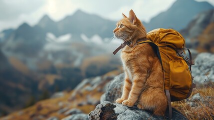 cat with a backpack on top of a mountain - obrazy, fototapety, plakaty
