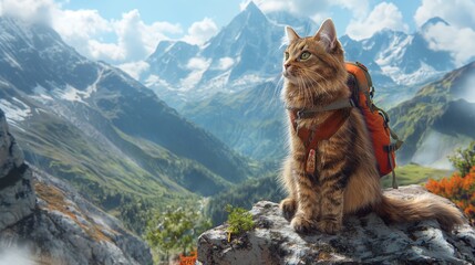 cat with a backpack on top of a mountain - obrazy, fototapety, plakaty
