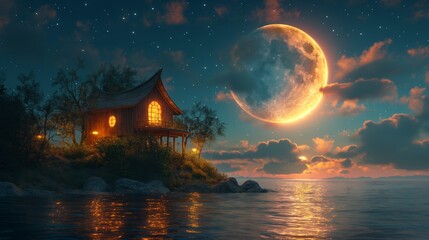house on a part of a crescent moon in the sky with clouds - obrazy, fototapety, plakaty