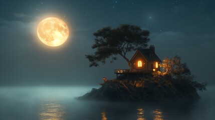 house on the tip of the moon at night in the sky