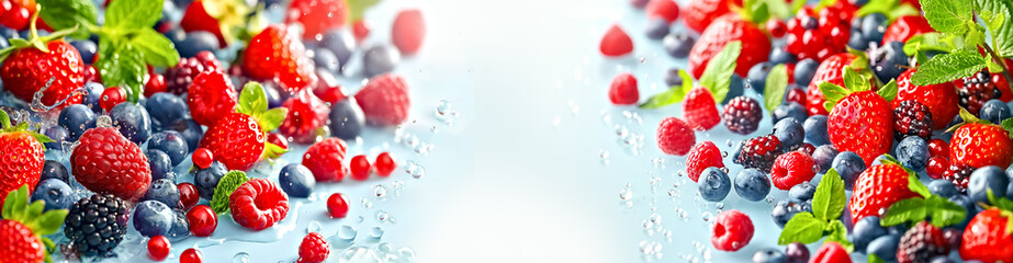 Close-up of ripe strawberries, blueberries, and blackberries mid-air with a splash of water,...