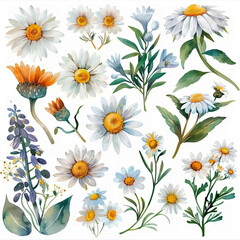 Charming watercolor pack showcasing daisies bouquets, single flowers, and elements on a white background. Ideal for adding a touch of whimsy to designs.
