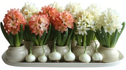   A row of white vases, each filled with a mix of pink and white tulips, sits next to garlic bulbs