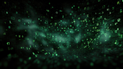 Glowing green numbers and symbols floating in dark space. Abstract dark background with random digits and shapes. Cyberspace, business, technology, information concepts.
