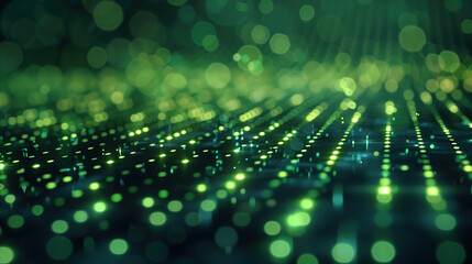 Dark digital background with glowing green bokeh lights and sparkles. Business, technology, science cyberspace, electronics abstract. Black space with lots of shiny lights.