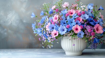   A white vase holds a mix of blue, pink, and purple blooms on a table Nearby, a gray and white wall stands
