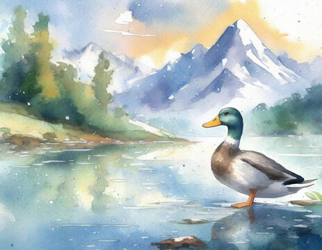 Duck in a pond watercolor painting.