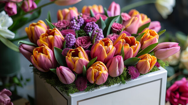   A bouquet of tulips and other flowers is in a white box labeled Jadore Les Beaux