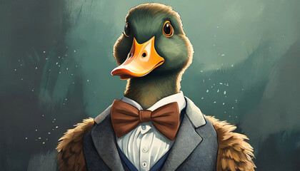 Cartoon duck in a suit and bow tie, illustration.