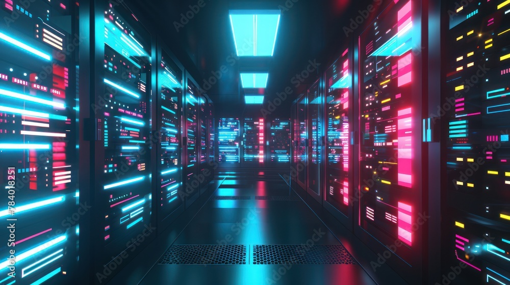 Poster data center with rows of servers. computer works. .
