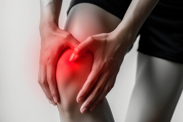 A person with a knee injury is holding their knee and rubbing it. The knee is red and swollen, indicating that the person is in pain. The person holding onto the painful knee with both hands.