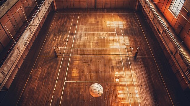 A top view of a volleyball court with a net in an old school gym, offering a backdrop sports image with space for text, illustrating team game concepts and healthy lifestyle