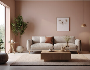 Cozy Living Room Interior with Couch, Coffee Table, and Plant
