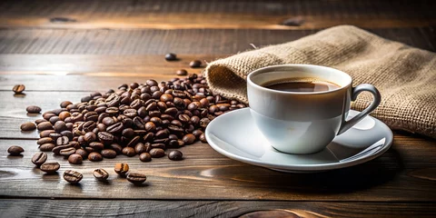 Fotobehang Koffiebar minimalism,abstraction of coffee and grains on the table.minimalism, coffee, coffee background, style, coffee lovers, beans, coffee beans, AI generated, abstraction, style, brown background, wood back