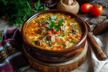 Beef stew with potatoes, carrots and herbs. Generative AI