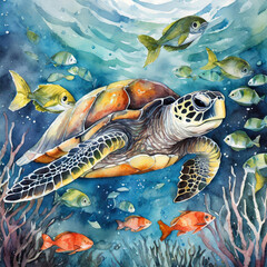 Sea turtle swimming in the sea, watercolor illustration.  - 784018655