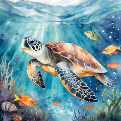Sea turtle swimming in the sea, watercolor illustration.  - 784018665