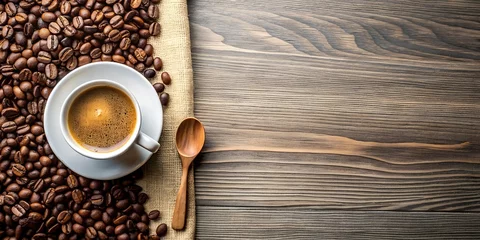 Fotobehang minimalism,abstraction of coffee and grains on the table. minimalism, coffee, coffee background, style, coffee lovers, beans, coffee beans, AI generated, abstraction, style, brown background, wood bac © Anelya