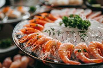 Sashimi platter with shrimp. Fresh sashimi set on ice. Generative AI