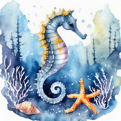 Seahorse in the sea, watercolor illustration. - 784019000