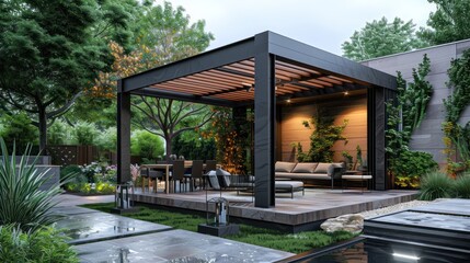 Nature's Retreat - A modern pergola nestled in a lush garden, the perfect blend of luxury design and natural serenity for relaxation.