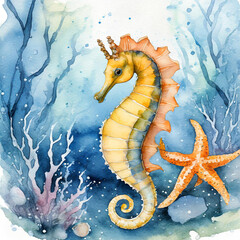 Seahorse in the sea, watercolor illustration. - 784019064