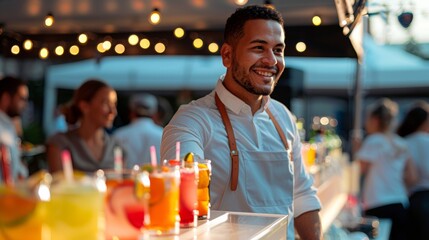 Wedding reception outdoor bar with different sweet cocktails alcoholic and nonalcoholic