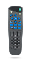 Black satellite receiver remote control, isolated on a transparent background png. Front view.