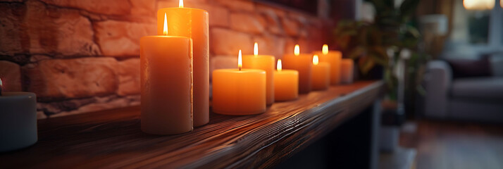 Macro shot of a collection of candles on a mantel in a living room, hyperrealistic photography of modern interior design