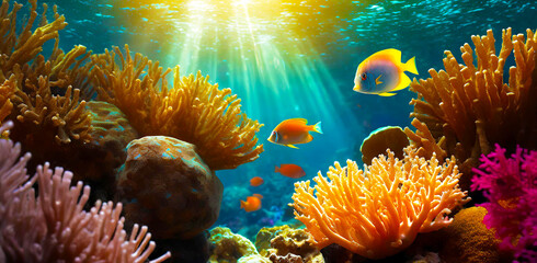 Deep underwater tropical landscape with corals of different colors, tropical fishes, with the sun filtering through the water. Generative AI - obrazy, fototapety, plakaty
