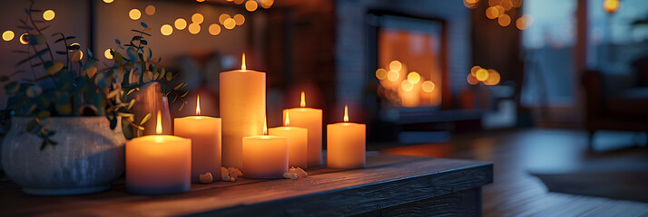 Macro shot of a collection of candles on a mantel in a living room, hyperrealistic photography of modern interior design