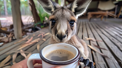 Fototapeta premium A baby kangaroo is holding a white coffee cup in its mouth. scene is playful, lighthearted, the kangaroo seemingly enjoying the experience of holding the cup. baby kangaroo bringing a cup of coffee