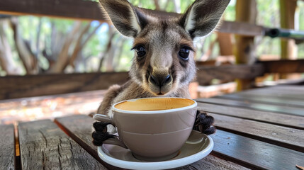 A baby kangaroo is holding a white coffee cup in its mouth. scene is playful, lighthearted, the kangaroo seemingly enjoying the experience of holding the cup. baby kangaroo bringing a cup of coffee - obrazy, fototapety, plakaty