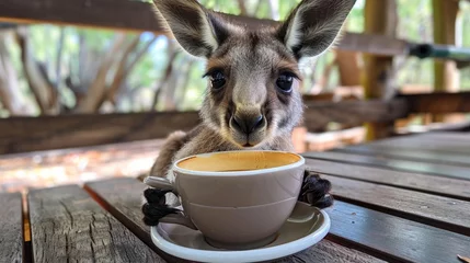  A baby kangaroo is holding a white coffee cup in its mouth. scene is playful, lighthearted, the kangaroo seemingly enjoying the experience of holding the cup. baby kangaroo bringing a cup of coffee © Nataliia_Trushchenko