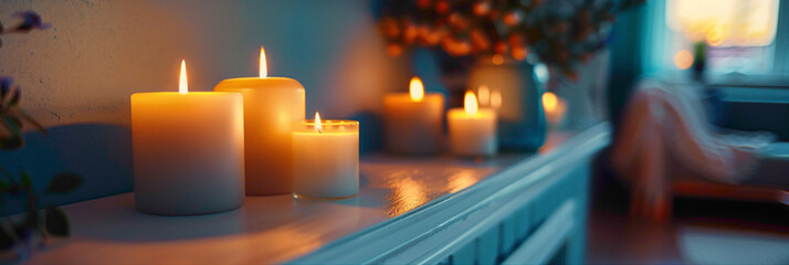 Macro shot of a collection of decorative candles on a mantel, hyperrealistic photography of modern interior design