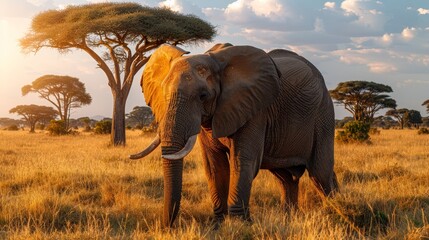 Fototapeta premium An elephant stands in a grassy field, surrounded by trees, against a backdrop of a blue sky dotted with clouds