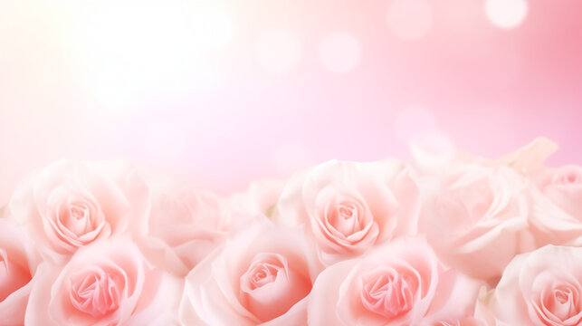 Soft Pink Roses, Romantic Floral Background with Bokeh Lights and Copy Space