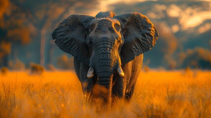   A tight shot of an elephant in a sea of tall grass, dotted with trees, and a yellow sky looming behind