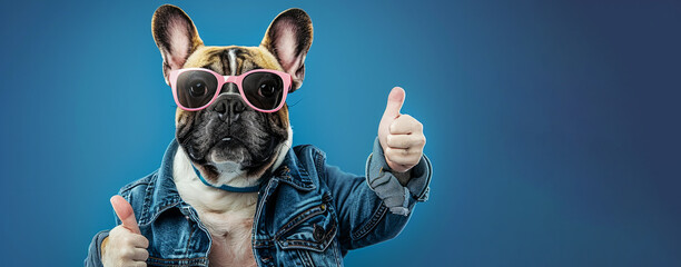 A dog wearing sunglasses and a denim jacket is giving a thumbs up. the dog is dressed up in a human-like outfit and is posing for the camera. winking cool french bulldog wearing denim, thumbs up