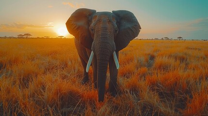   An elephant stands in a field of tall grass, silhouetted against the sunset's distant horizon - obrazy, fototapety, plakaty